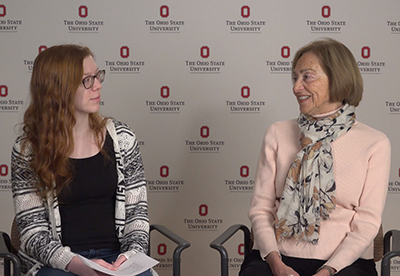 As part of her digital exhibit, Hannah Kramer (L) interviewed Susan Hartmann, Professor Emeritus, Department of History, for a video.